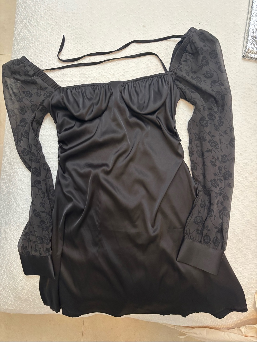 WeWoreWhat Black Satin Mini Dress with Sheer Floral Sleeves